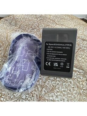 For Dyson 6500mAh Battery for DC34 Type B Vacuum, Fits DC30-57, Bonus Filters